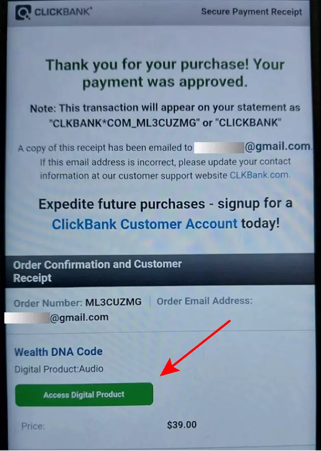 order confirmation for ordering the wealth dna code